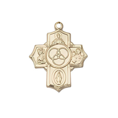 New Family 5-Way Cross 14kt Gold Medal, Measures 7/8-inch tall by 3/4-inch wide, features Scapular St Christopher, Miraculous, St Joseph and New Family in the center, Bliss Manufacturing