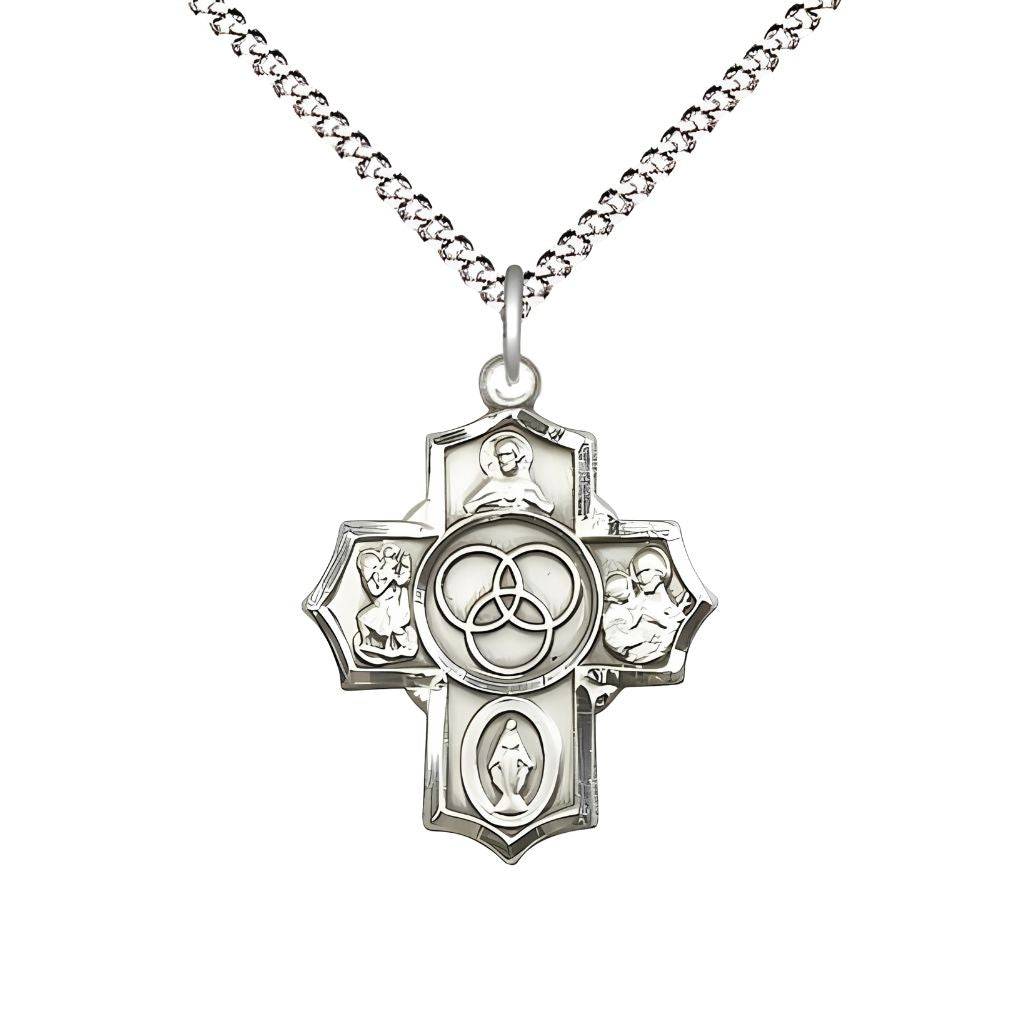 Bliss New Family 5-Way Cross Sterling Silver Medal with Plated Chain, Measures 7/8-inch tall by 3/4-inch wide, features Scapular St Christopher, Miraculous, St Joseph and New Family in the center.