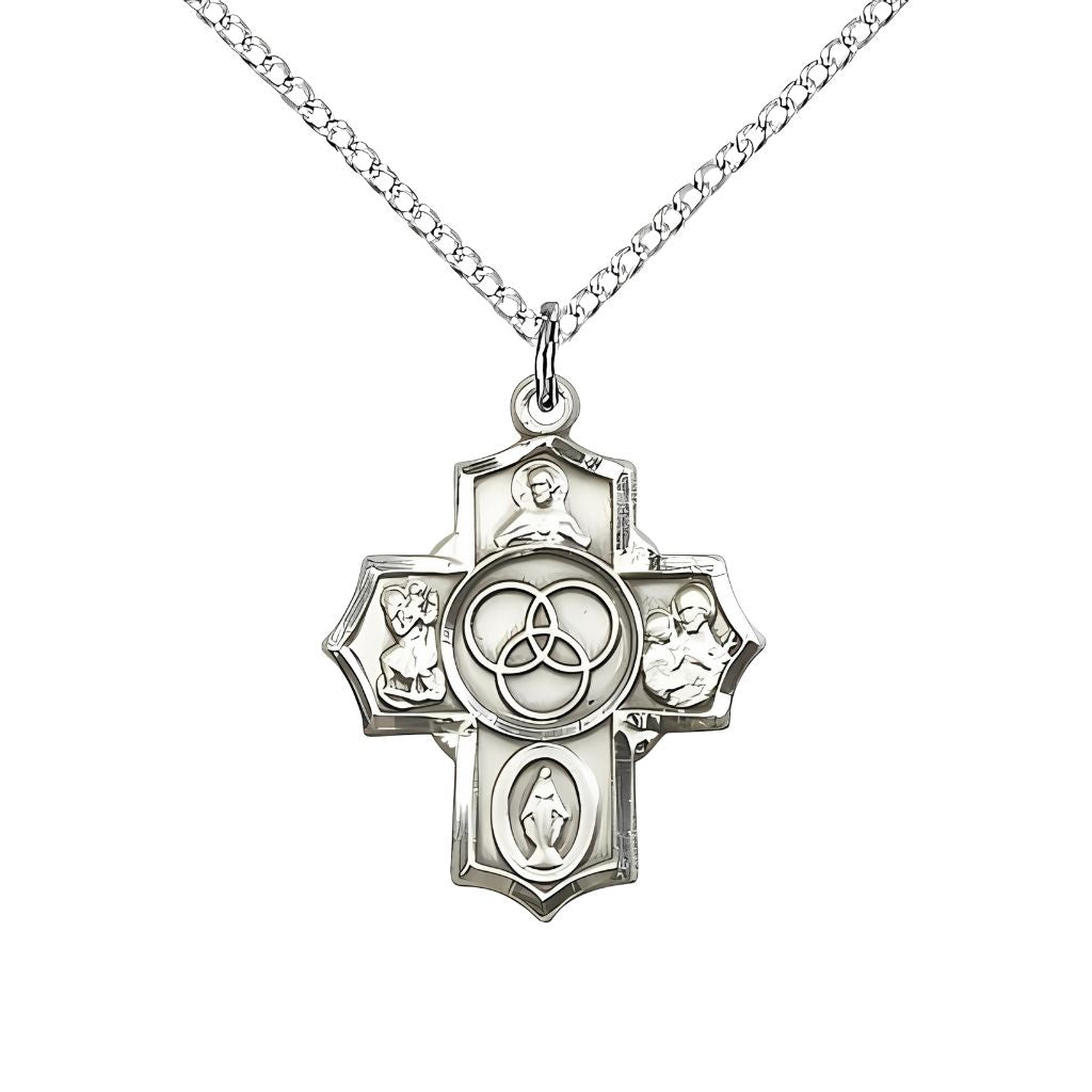 Bliss New Family 5-Way Cross Sterling Silver Medal with Sterling Chain, Measures 7/8-inch tall by 3/4-inch wide, features Scapular St Christopher, Miraculous, St Joseph and New Family in the center.