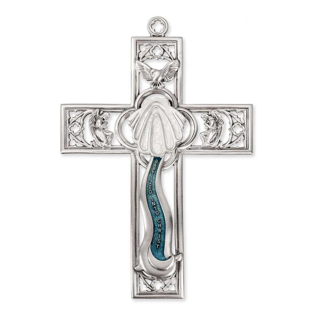 Baptism Cathedral Touch Pewter Wall Cross. Lead Free Pewter Hand Polished Crucifix by New England Craftsman. Comes in Gift Box and Made in USA by Hirten.