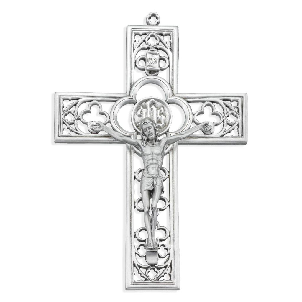 Cathedral Touch Pewter Crucifix Wall Cross. Lead Free Pewter Hand Polished Crucifix by New England Craftsman. Comes in Gift Box and Made in USA by Hirten.