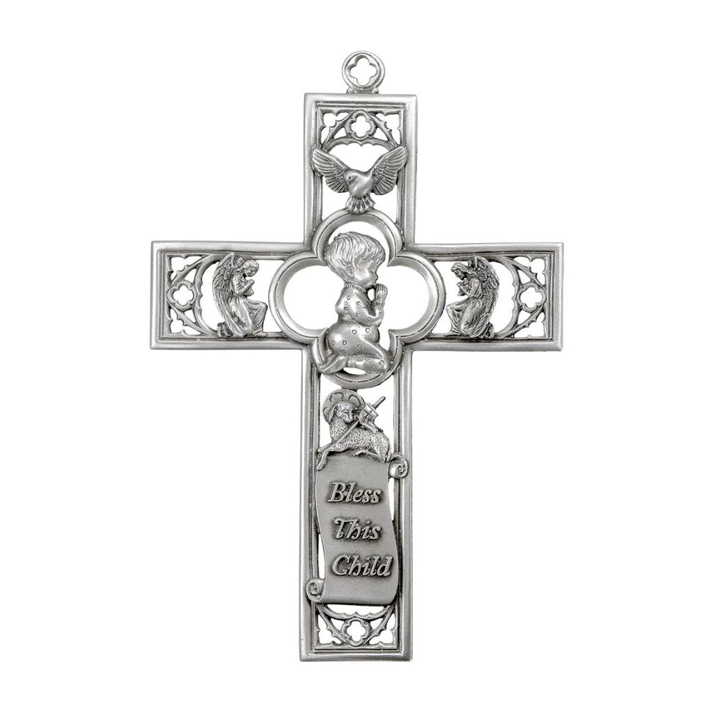 Cathedral Touch Praying Boy Wall Cross. Lead Free Pewter Hand Polished Crucifix by New England Craftsman. Comes in Gift Box and Made in USA by Hirten.