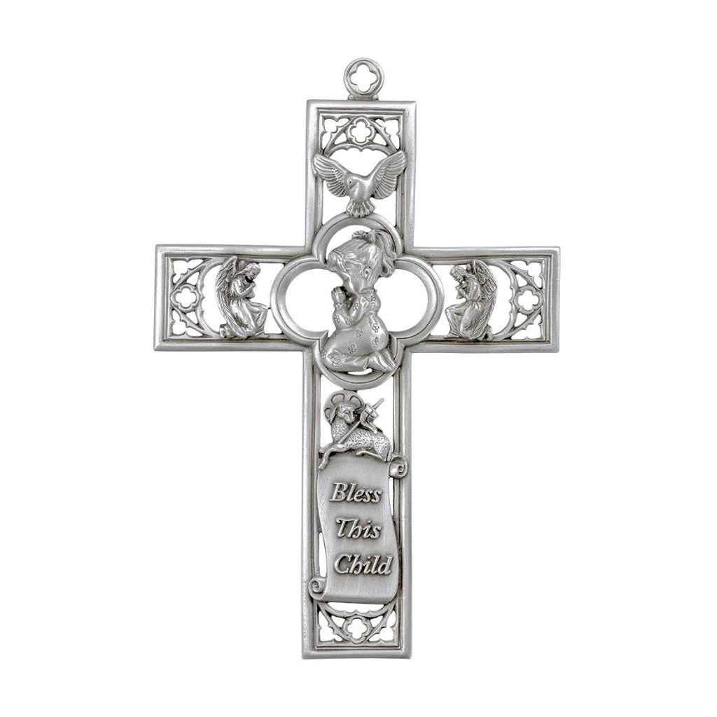 Cathedral Touch Praying Girl Wall Cross. Lead Free Pewter Hand Polished Crucifix by New England Craftsman. Comes in Gift Box and Made in USA by Hirten.