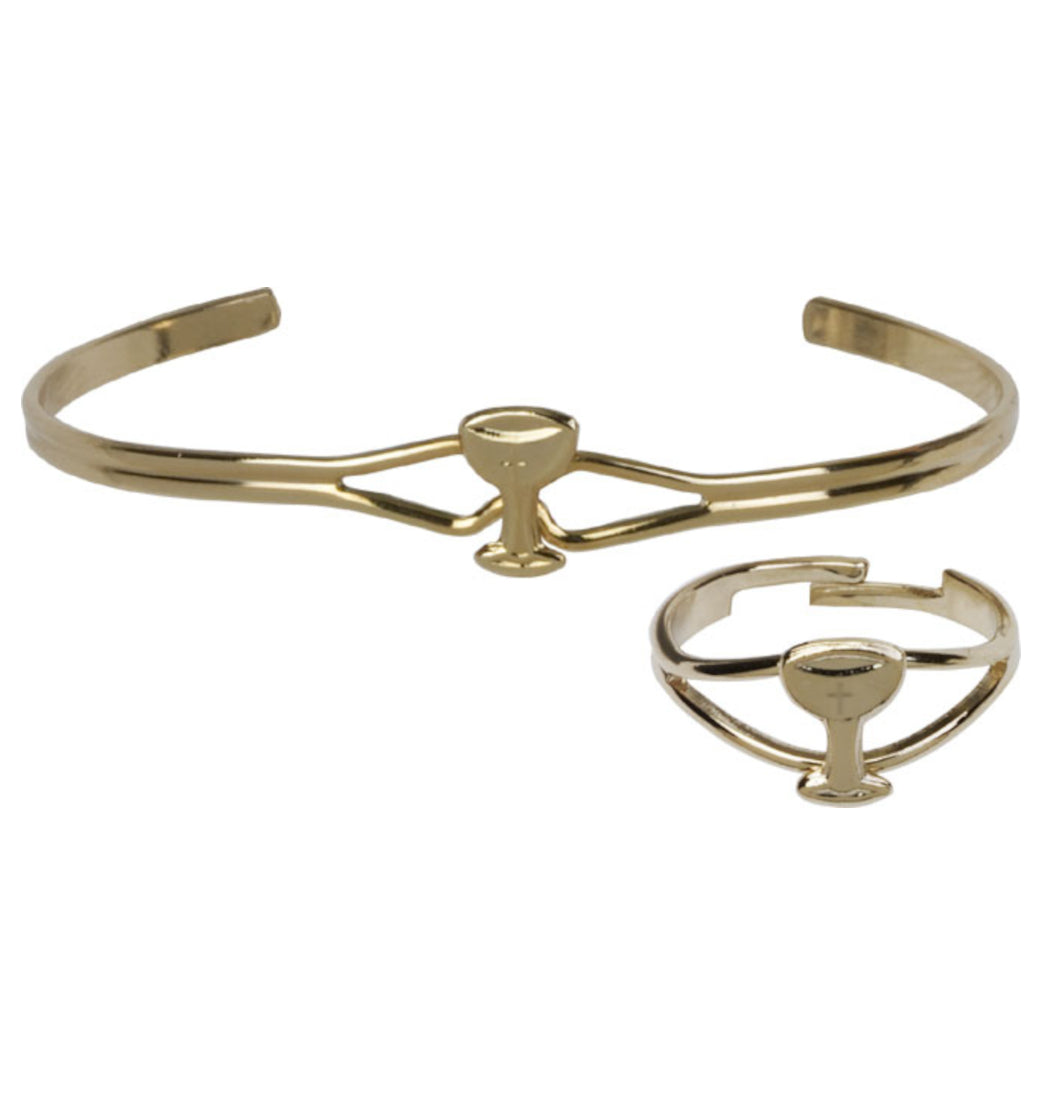 Bliss Children's Chalice Bracelet and Ring Communion Jewelry Set in Gold,