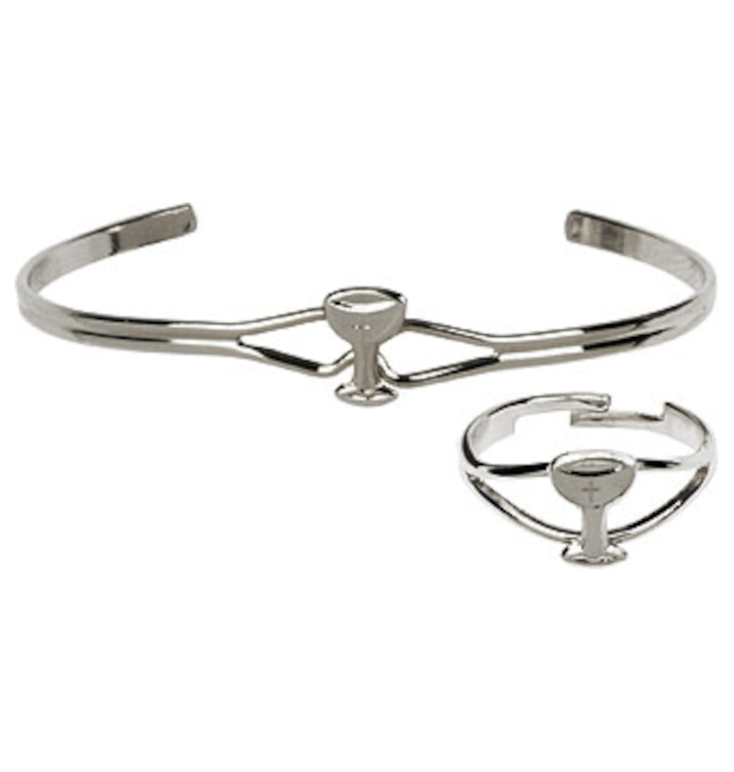 Bliss Children's Chalice Bracelet and Ring Communion Jewelry Set in Silver,