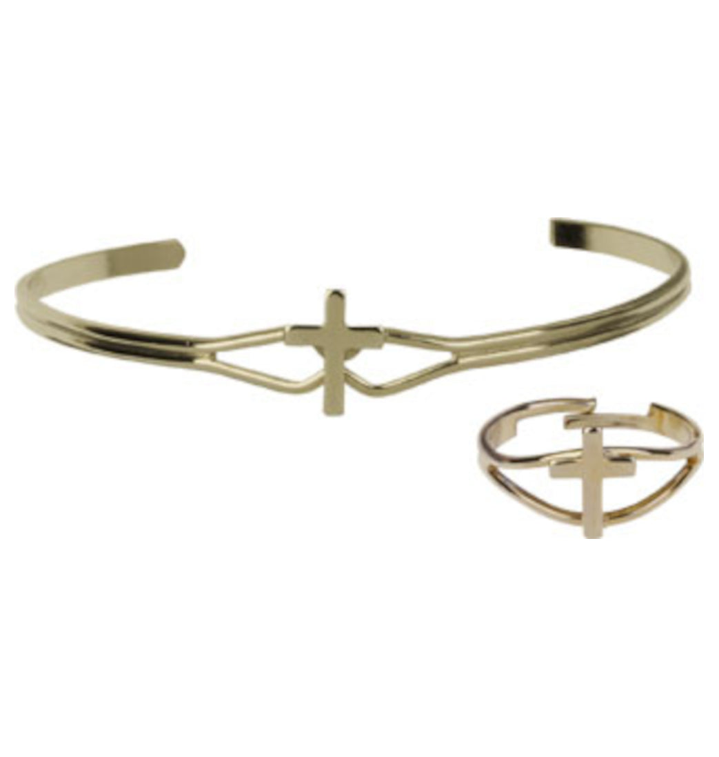 Bliss Children's Gold Plated Cross Bracelet and Ring Communion Jewelry Set,