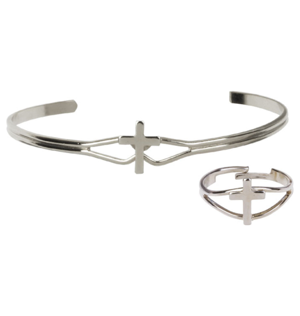 Bliss Children's Silver Plated Cross Bracelet and Ring Communion Jewelry Set,