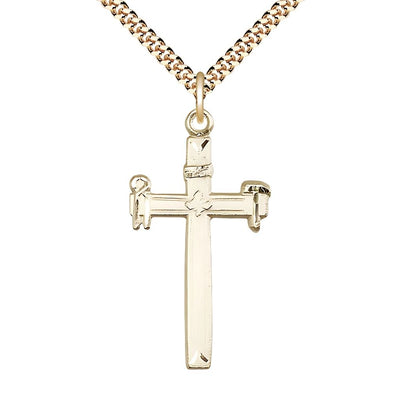 Carpenter Cross 14kt Gold-filled Pendant Necklace with Gold-plated Heavy Curb Chain, Measures 1 3/8-inch tall by 3/4-inch wide, Bliss Manufacturing
