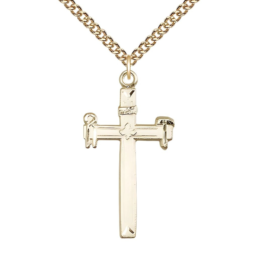Bliss Carpenter Cross 14kt Gold-filled Pendant Necklace with Gold-filled Heavy Curb Chain, Measures 1 3/8-inch tall by 3/4-inch wide