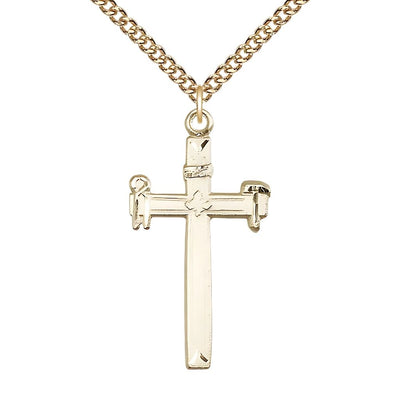 Carpenter Cross 14kt Gold-filled Pendant Necklace with Gold-filled Heavy Curb Chain, Measures 1 3/8-inch tall by 3/4-inch wide, Bliss Manufacturing