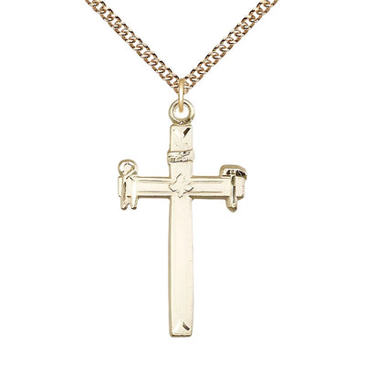 Carpenter Cross 14kt Gold Pendant Necklace with 14kt Gold Heavy Curb Chain, Measures 1 3/8-inch tall by 3/4-inch wide, Bliss Manufacturing
