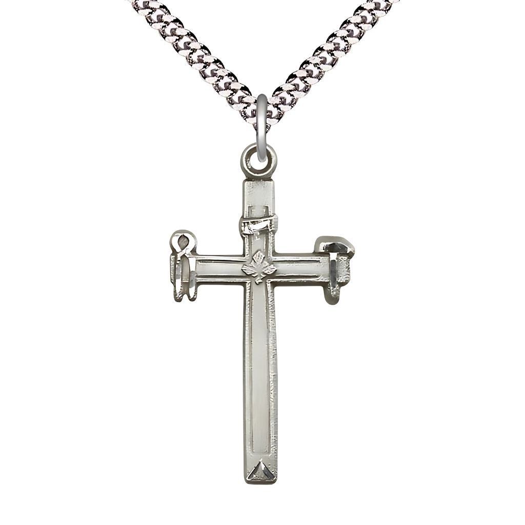 Bliss Carpenter Cross Sterling Silver Pendant Necklace with Rhodium-plated Heavy Curb Chain, Measures 1 3/8-inch tall by 3/4-inch wide