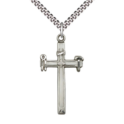 Carpenter Cross Sterling Silver Pendant Necklace with Rhodium-plated Heavy Curb Chain, Measures 1 3/8-inch tall by 3/4-inch wide, Bliss Manufacturing