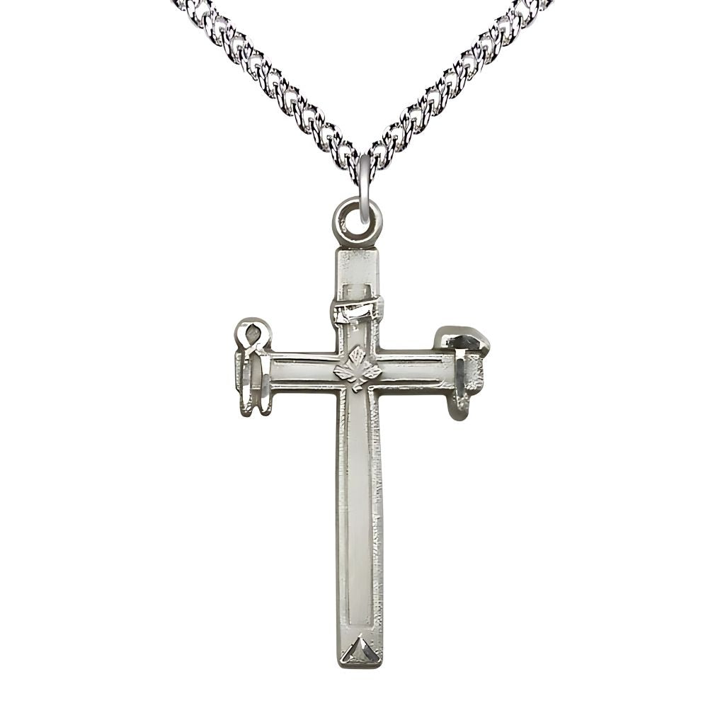Bliss Carpenter Cross Sterling Silver Pendant Necklace with Sterling Silver Heavy Curb Chain, Measures 1 3/8-inch tall by 3/4-inch wide
