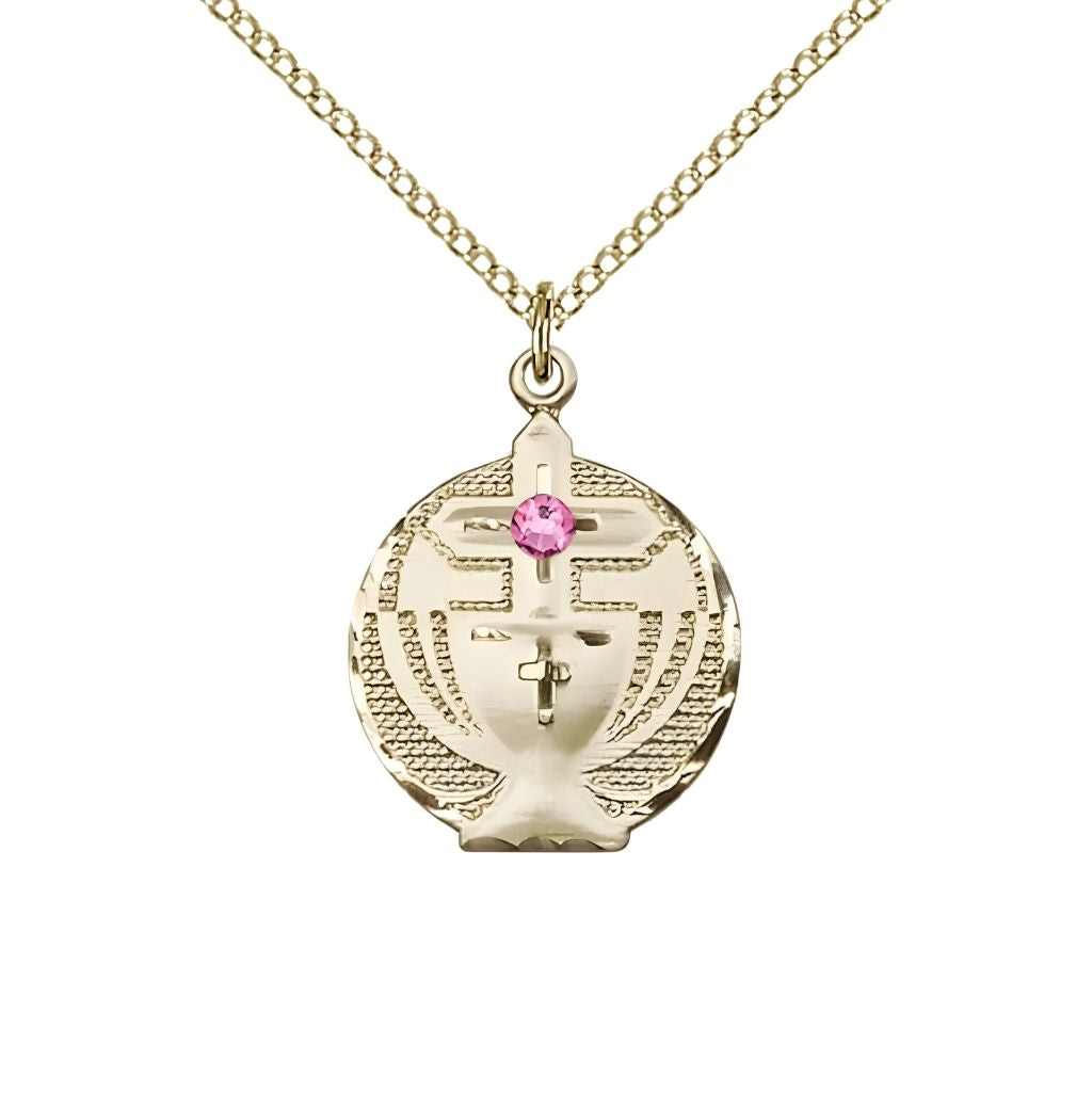 Bliss Communion Birthstone Gold-filled Medal Necklace with Gold-filled Chain, 3mm Austrian Crystal Pink Rose Stone for October, Measures 7/8 X 5/8