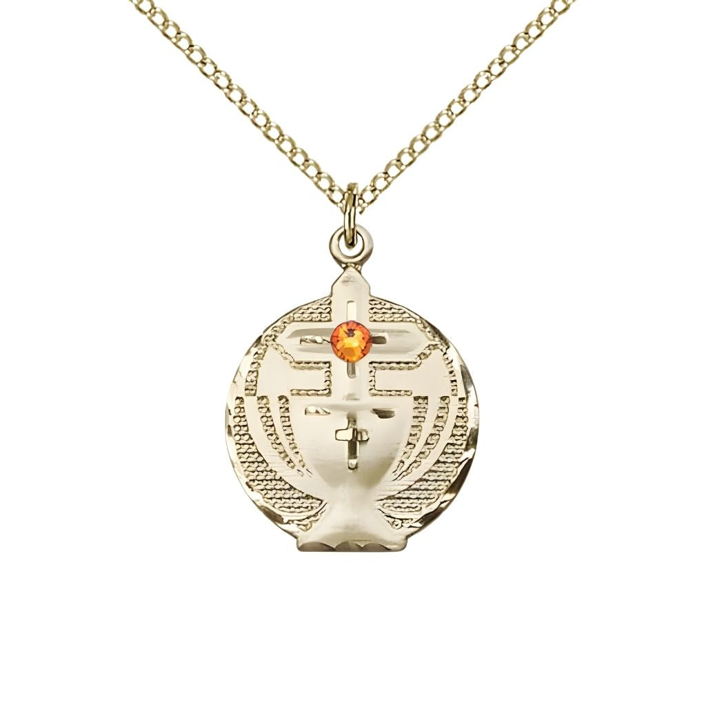 Bliss Communion Birthstone Gold-filled Medal Necklace with Gold-filled Chain, 3mm Austrian Crystal Topaz Stone for November, Measures 7/8 X 5/8