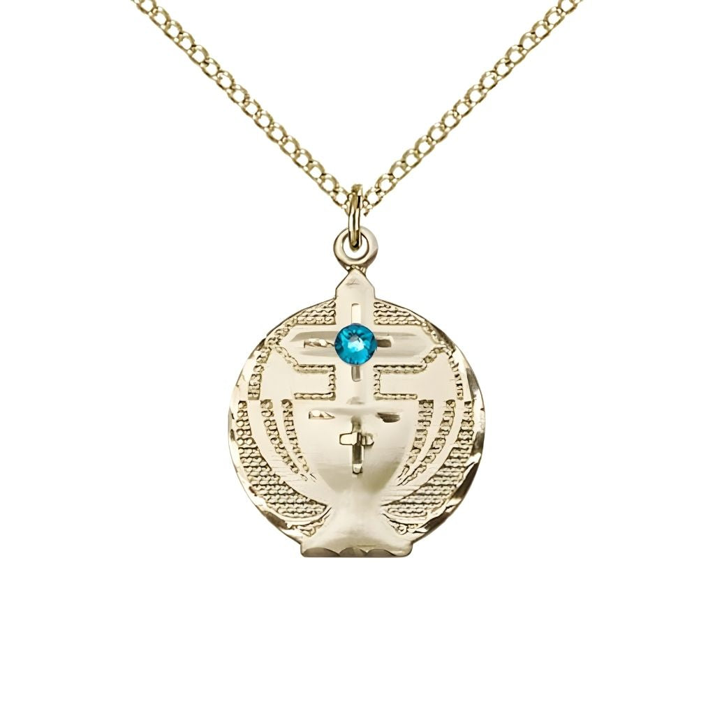 Bliss Communion Birthstone Gold-filled Medal Necklace with Gold-filled Chain, 3mm Austrian Crystal Zircon Stone for December, Measures 7/8 X 5/8