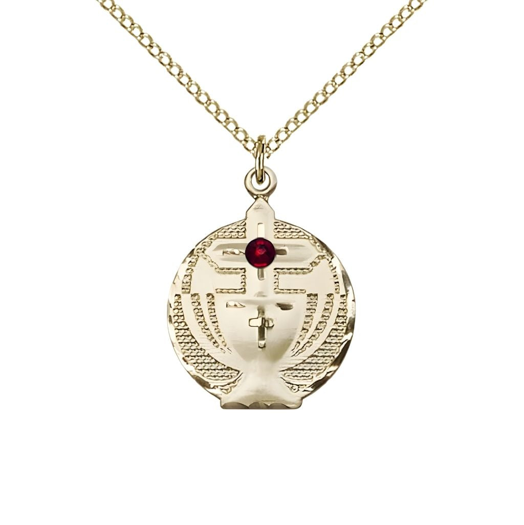 Bliss Communion Birthstone Gold-filled Medal Necklace with Gold-filled Chain, 3mm Austrian Crystal Garnet Stone for January, Measures 7/8 X 5/8
