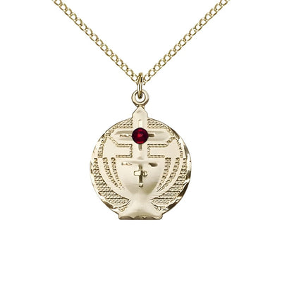 Communion Birthstone Gold-filled Medal Necklace with Gold-filled Chain, 3mm Austrian Crystal Garnet Stone for January, Measures 7/8 X 5/8, Bliss Manufacturing