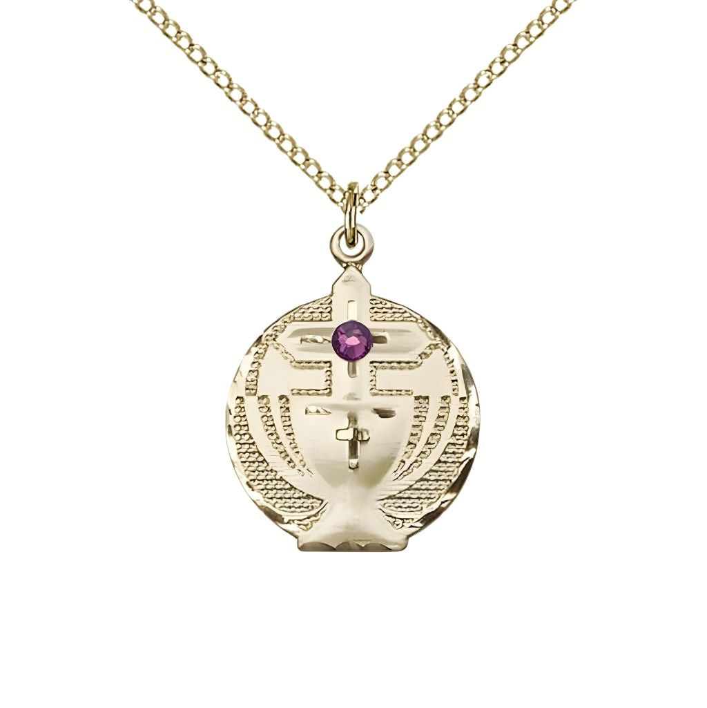 Bliss Communion Birthstone Gold-filled Medal Necklace with Gold-filled Chain, 3mm Austrian Crystal Amethyst Stone for February, Measures 7/8 X 5/8