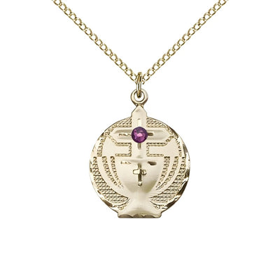 Communion Birthstone Gold-filled Medal Necklace with Gold-filled Chain, 3mm Austrian Crystal Amethyst Stone for February, Measures 7/8 X 5/8, Bliss Manufacturing