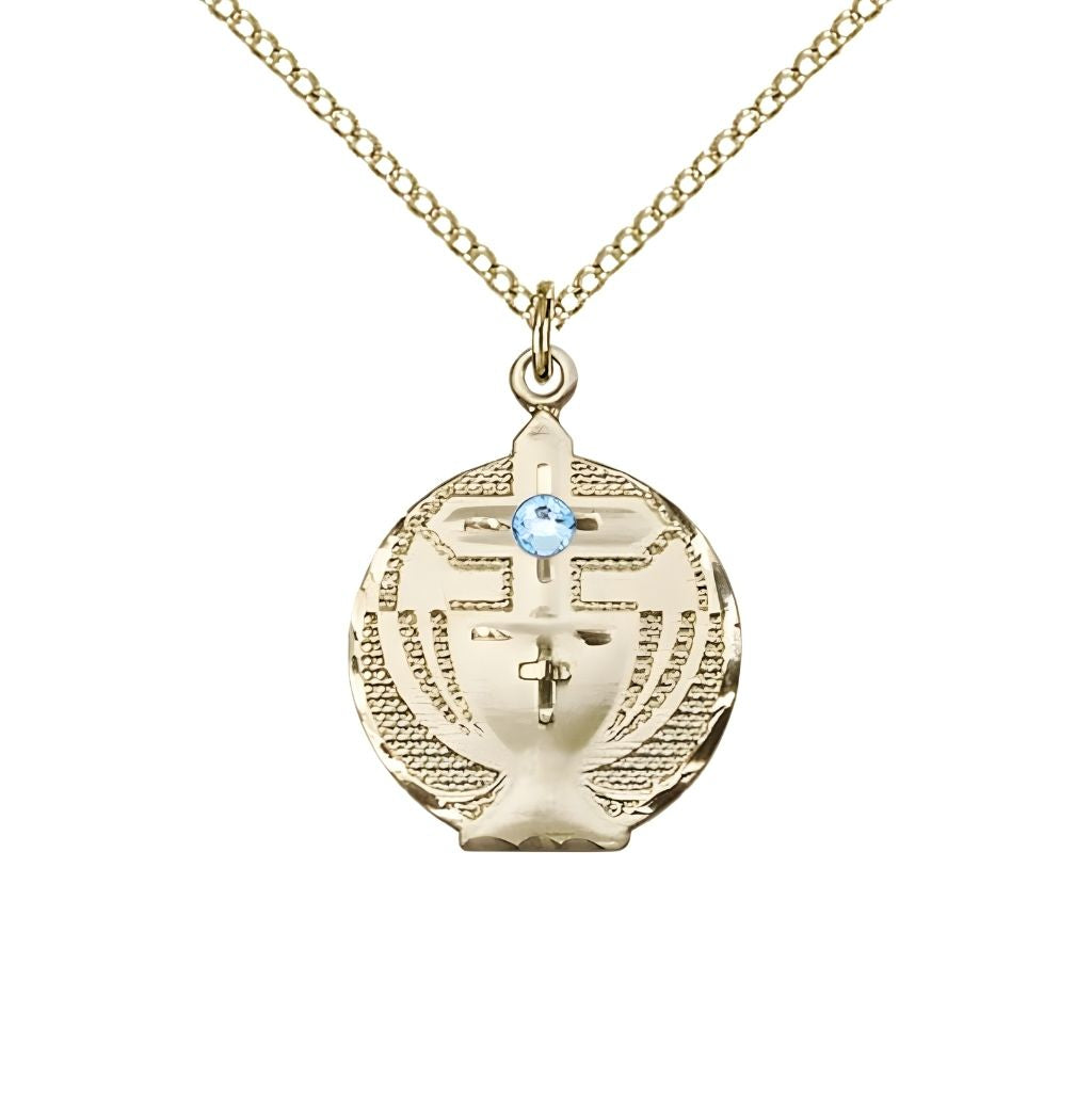 Bliss Communion Birthstone Gold-filled Medal Necklace with Gold-filled Chain, 3mm Austrian Crystal Aqua Stone for March, Measures 7/8 X 5/8