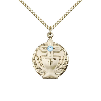 Communion Birthstone Gold-filled Medal Necklace with Gold-filled Chain, 3mm Austrian Crystal Aqua Stone for March, Measures 7/8 X 5/8, Bliss Manufacturing