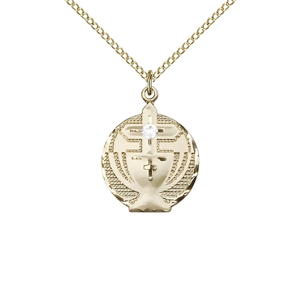 iss Communion Birthstone Gold-filled Medal Necklace with Gold-filled Chain, 3mm Austrian Crystal Clear Crystal Stone for April, Measures 7/8 X 5/8