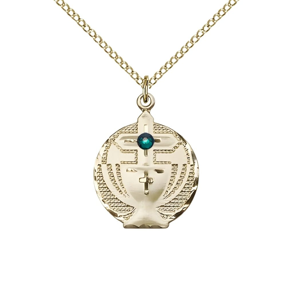 Bliss Communion Birthstone Gold-filled Medal Necklace with Gold-filled Chain, 3mm Austrian Crystal Emerald Stone for May, Measures 7/8 X 5/8