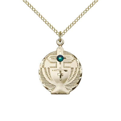 Communion Birthstone Gold-filled Medal Necklace with Gold-filled Chain, 3mm Austrian Crystal Emerald Stone for May, Measures 7/8 X 5/8, Bliss Manufacturing