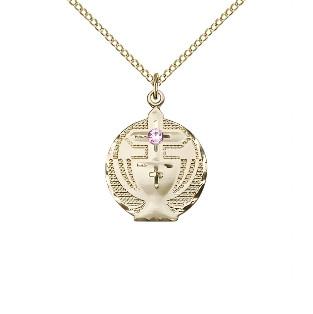 Bliss Communion Birthstone Gold-filled Medal Necklace with Gold-filled Chain, 3mm Austrian Crystal Light Amethyst Stone for June, Measures 7/8 X 5/8