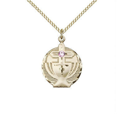 Communion Birthstone Gold-filled Medal Necklace with Gold-filled Chain, 3mm Austrian Crystal Light Amethyst Stone for June, Measures 7/8 X 5/8, Bliss Manufacturing