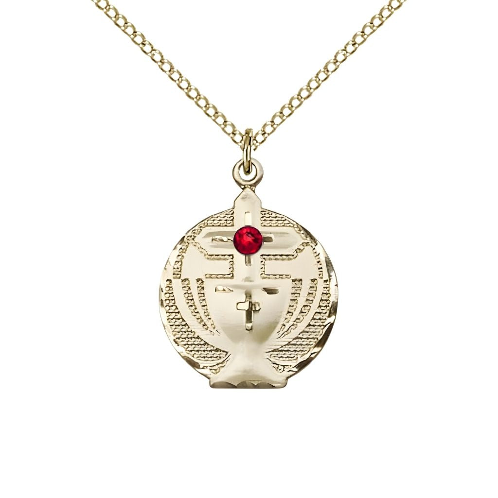Bliss Communion Birthstone Gold-filled Medal Necklace with Gold-filled Chain, 3mm Austrian Crystal Ruby Stone for July, Measures 7/8 X 5/8