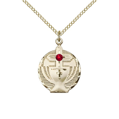 Communion Birthstone Gold-filled Medal Necklace with Gold-filled Chain, 3mm Austrian Crystal Ruby Stone for July, Measures 7/8 X 5/8, Bliss Manufacturing