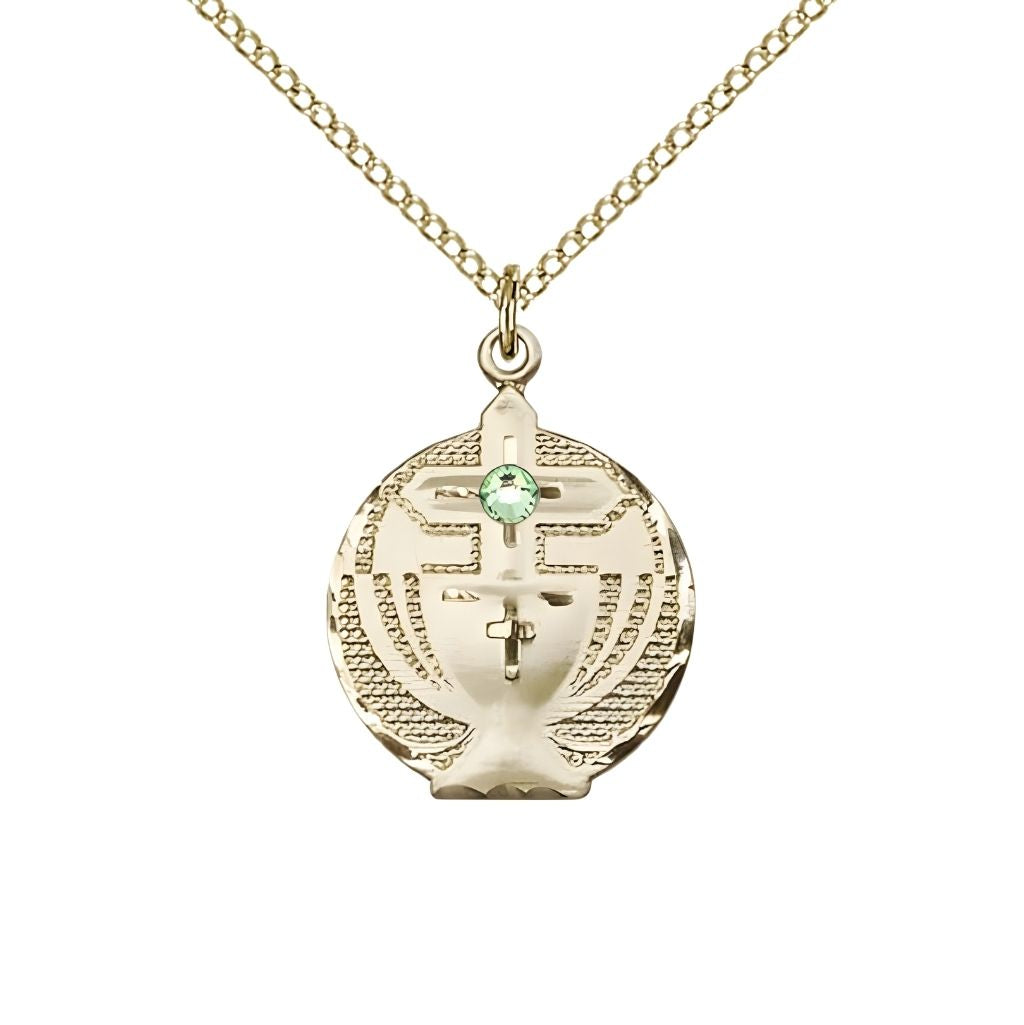 Bliss Communion Birthstone Gold-filled Medal Necklace with Gold-filled Chain, 3mm Austrian Crystal Peridot Stone for August, Measures 7/8 X 5/8