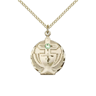 Communion Birthstone Gold-filled Medal Necklace with Gold-filled Chain, 3mm Austrian Crystal Peridot Stone for August, Measures 7/8 X 5/8, Bliss Manufacturing