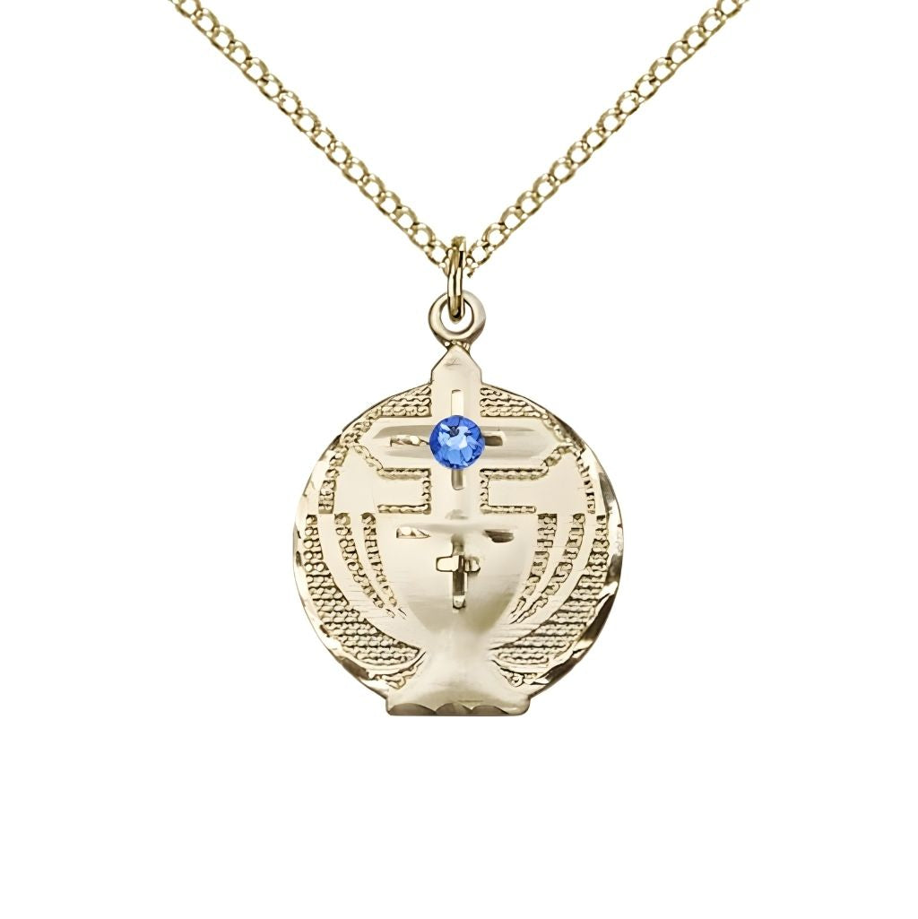 Bliss Communion Birthstone Gold-filled Medal Necklace with Gold-filled Chain, 3mm Austrian Crystal Sapphire Stone for September, Measures 7/8 X 5/8