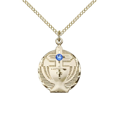 Communion Birthstone Gold-filled Medal Necklace with Gold-filled Chain, 3mm Austrian Crystal Sapphire Stone for September, Measures 7/8 X 5/8, Bliss Manufacturing