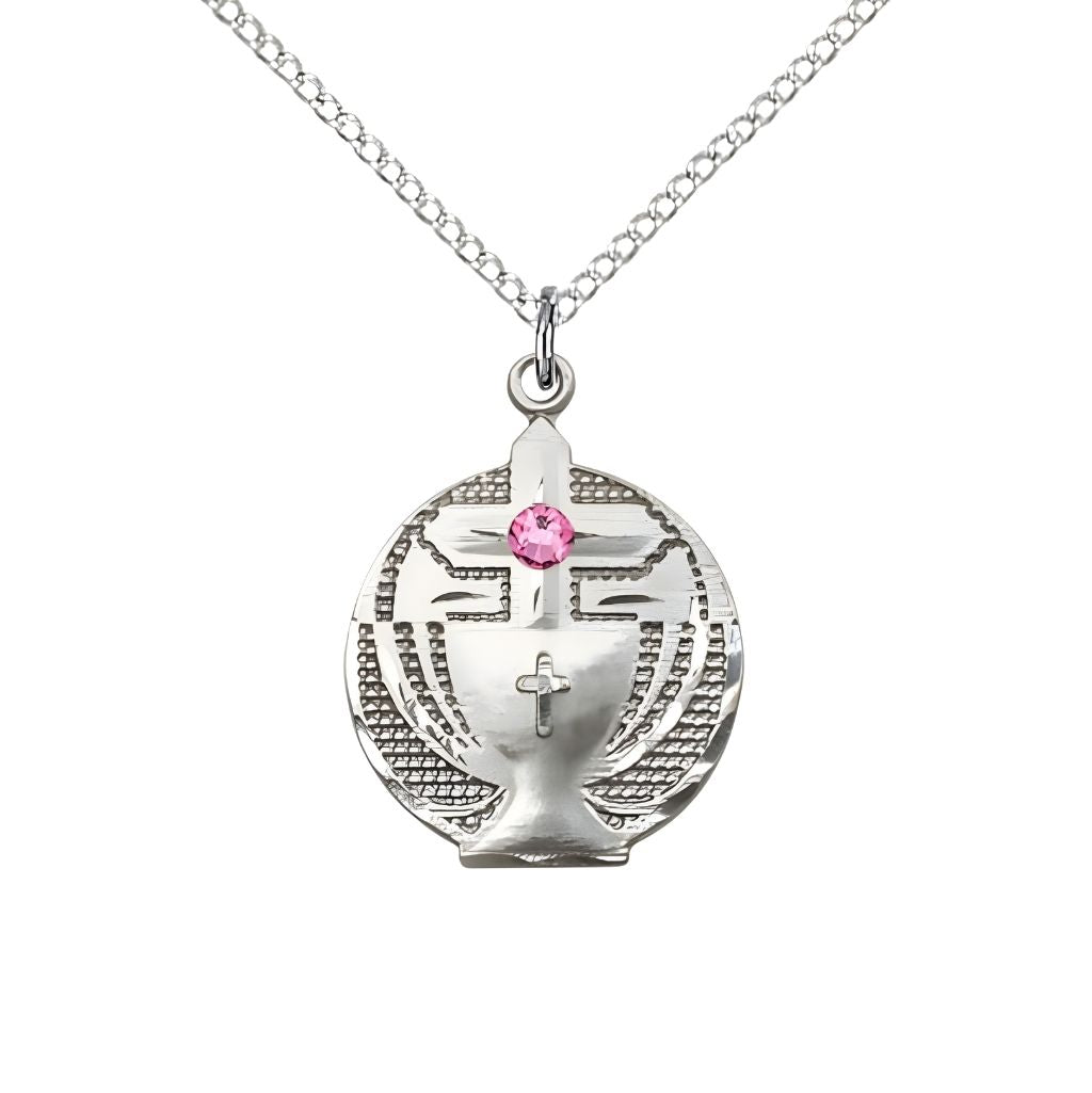 Bliss Communion Birthstone Sterling Silver Medal Necklace with Sterling Silver Chain, 3mm Austrian Crystal Pink Rose Stone for October, Measures 7/8 X 5/8