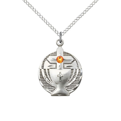 Communion Birthstone Sterling Silver Medal Necklace with Sterling Silver Chain, 3mm Austrian Crystal Topaz Stone for November, Measures 7/8 X 5/8, Bliss Manufacturing