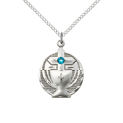 Communion Birthstone Sterling Silver Medal Necklace with Sterling Silver Chain, 3mm Austrian Crystal Zircon Stone for December, Measures 7/8 X 5/8, Bliss Manufacturing
