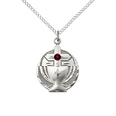 Communion Birthstone Sterling Silver Medal Necklace with Sterling Silver Chain, 3mm Austrian Crystal Garnet Stone for January, Measures 7/8 X 5/8, Bliss Manufacturing