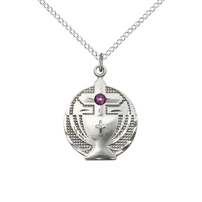 Communion Birthstone Sterling Silver Medal Necklace with Sterling Silver Chain, 3mm Austrian Crystal Amethyst Stone for February, Measures 7/8 X 5/8, Bliss Manufacturing