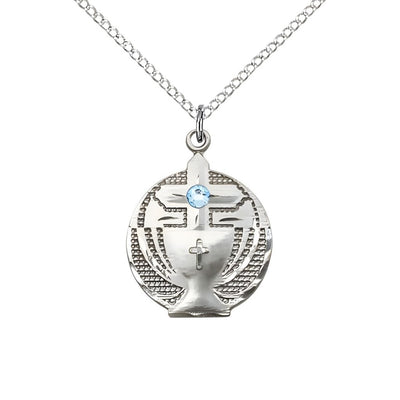 Communion Birthstone Sterling Silver Medal Necklace with Sterling Silver Chain, 3mm Austrian Crystal Aqua Stone for March, Measures 7/8 X 5/8, Bliss Manufacturing