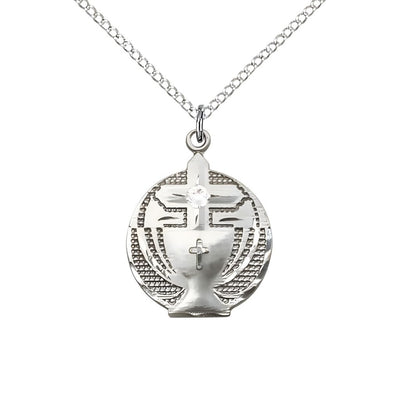 Communion Birthstone Sterling Silver Medal Necklace with Sterling Silver Chain, 3mm Austrian Crystal Clear Crystal Stone for April, Measures 7/8 X 5/8, Bliss Manufacturing