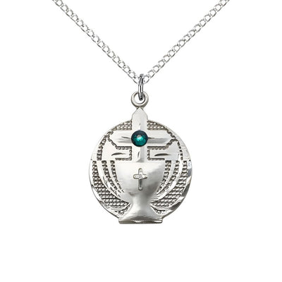 Communion Birthstone Sterling Silver Medal Necklace with Sterling Silver Chain, 3mm Austrian Crystal Emerald Stone for May, Measures 7/8 X 5/8, Bliss Manufacturing