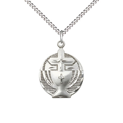 Communion Chalice and Cross Sterling Silver Pendant Necklace with 18-inch Rhodium-plated Chain, Measures 7/8-inch tall by 5/8-inch wide, Bliss Manufacturing