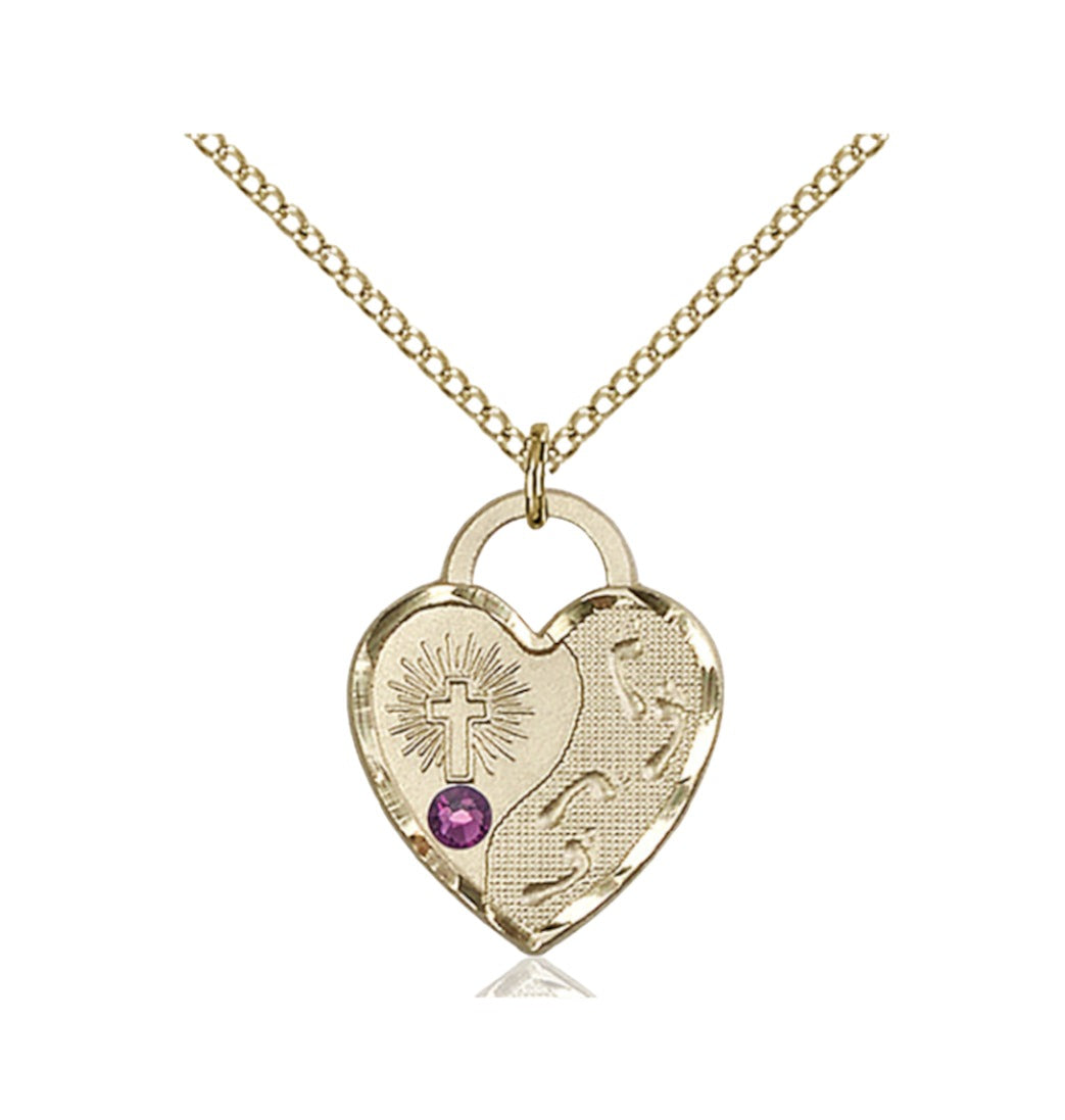 Amethyst Birthstone Gold-filled Footprints Heart Pendant w/Austrian Crystal