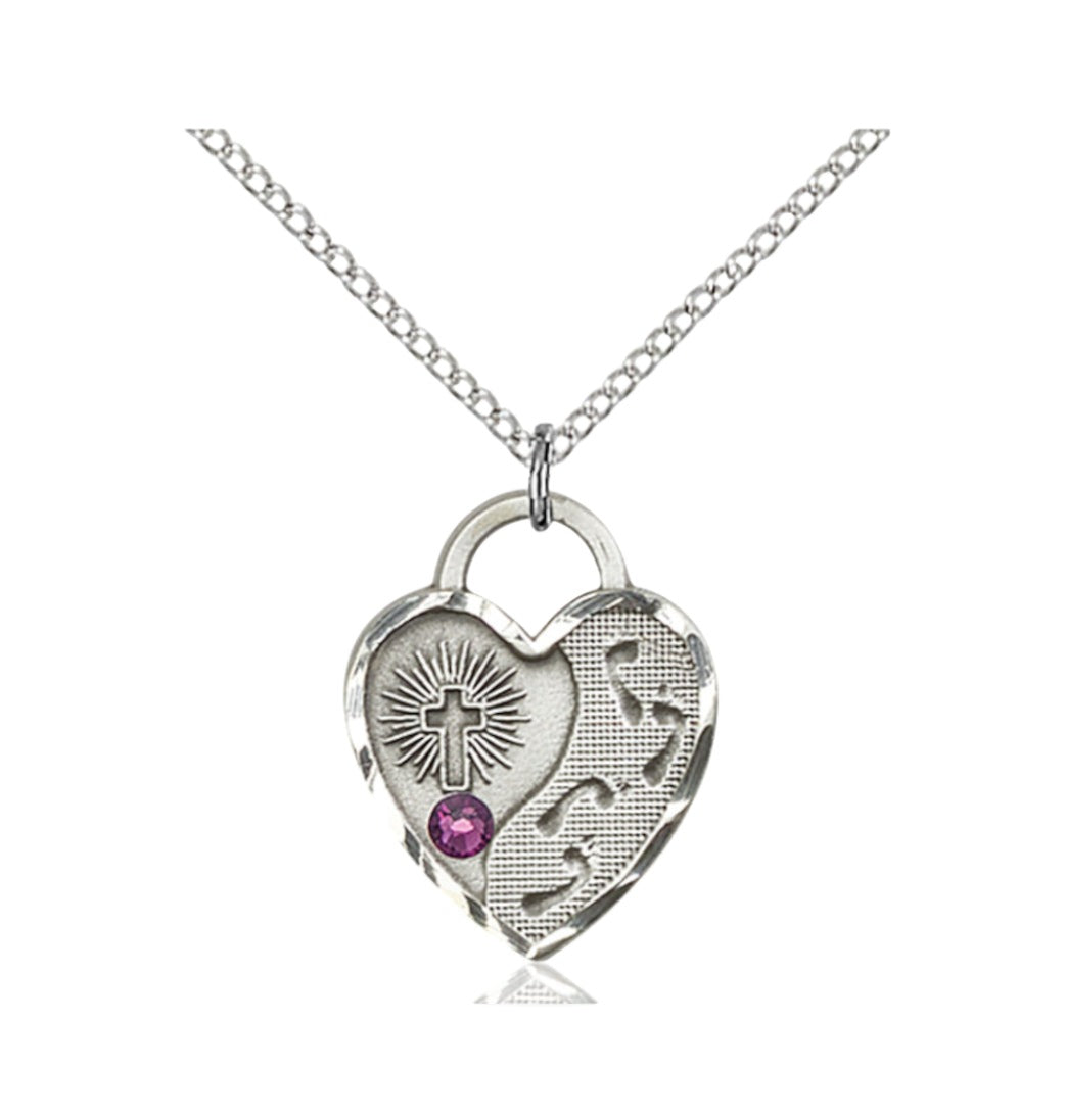 Feb Amethyst  Birthstone Sterling Silver Footprints Heart Pendant w/Austrian Crystal