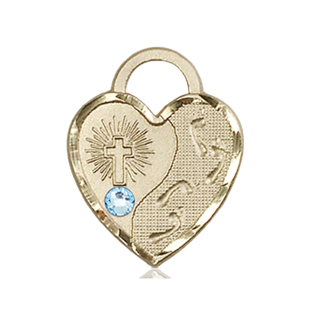 Aqua Birthstone 14kt Gold Footprints Heart Pendant w/Austrian Crystal